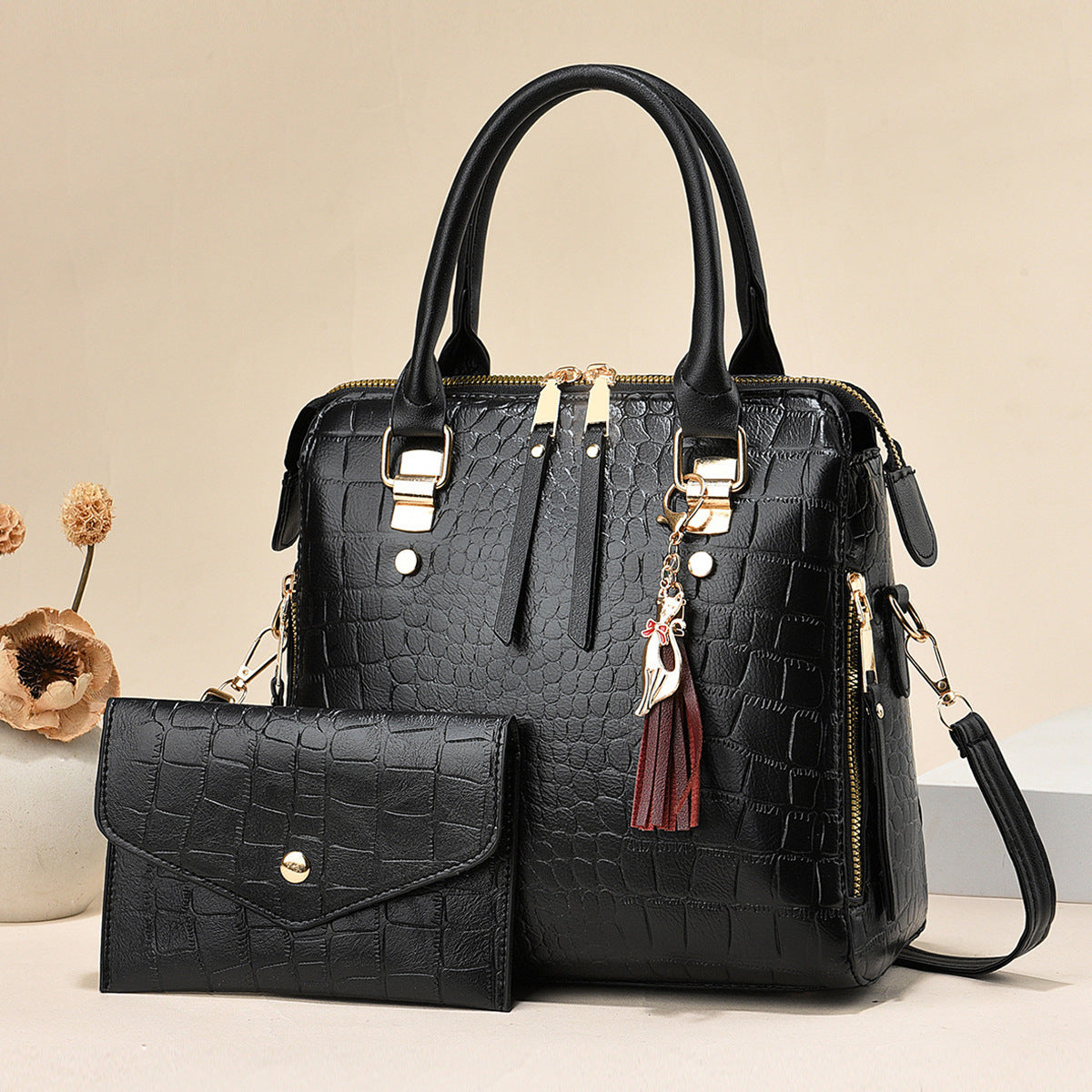 Womens Fashion Crocodile-Print Set Of Two Handbag And Crossbody Bag