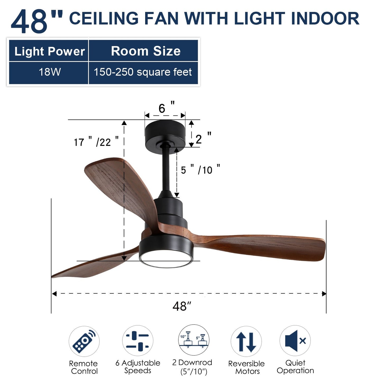 48 Inch Wood Ceiling Fan With 3 Solid Wood Blades and Remote Control