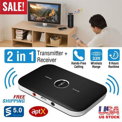 Wireless V5.0 Transmitter Receiver with aptX Low Latency 2-in-1 Wireless 3.5mm Audio Adapter for TV Headphones Speakers PC Sound System Car