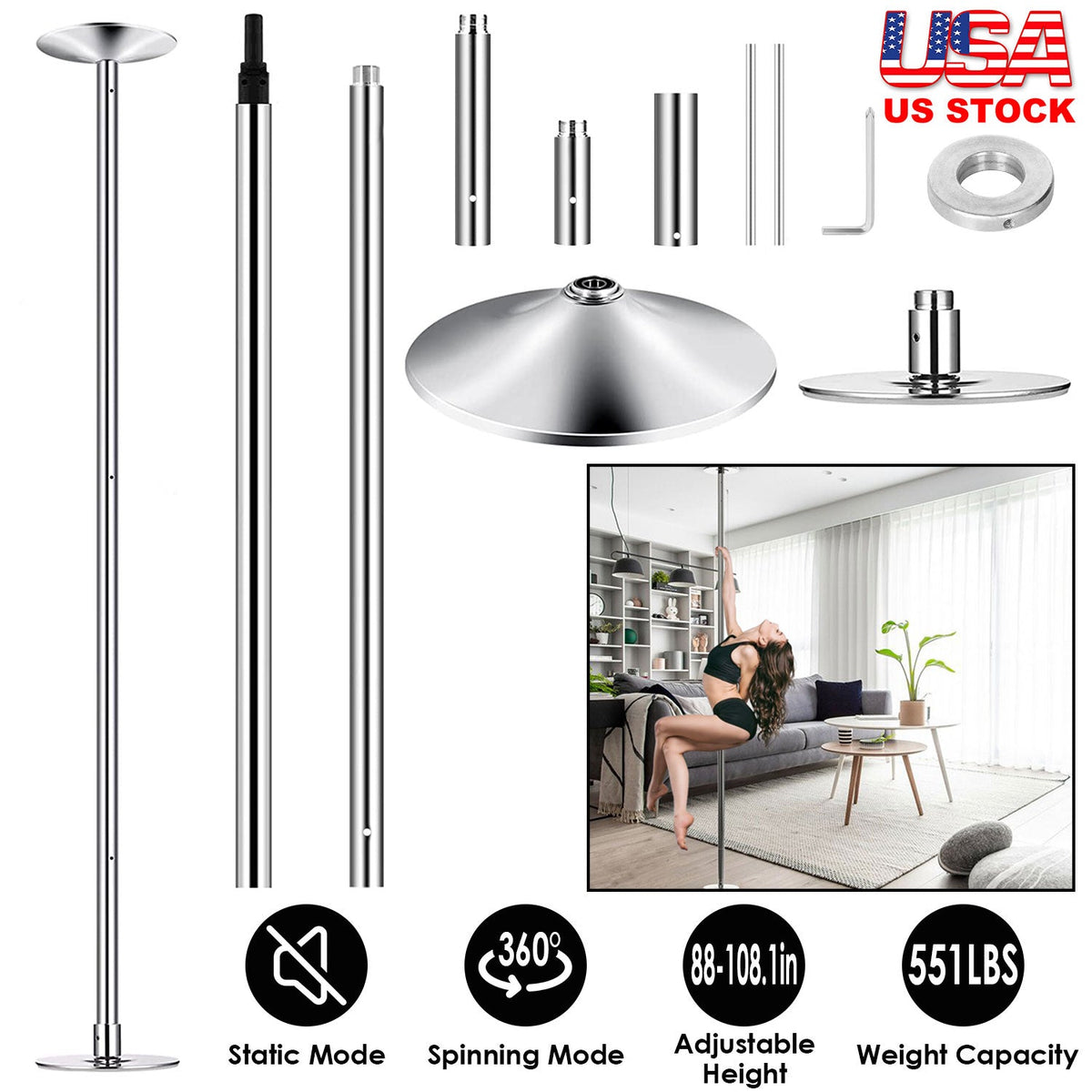 Dance Pole 45mm Spinning Static Dancing Pole with 88-108.1in Adjustable Height 551LBS Weight Capacity for Fitness Exercise Party Home Club Gy