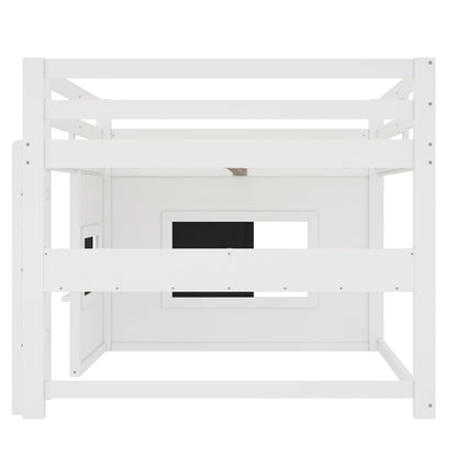 Full Size Loft Bed With Sliding Chalkboard & Bookshelf