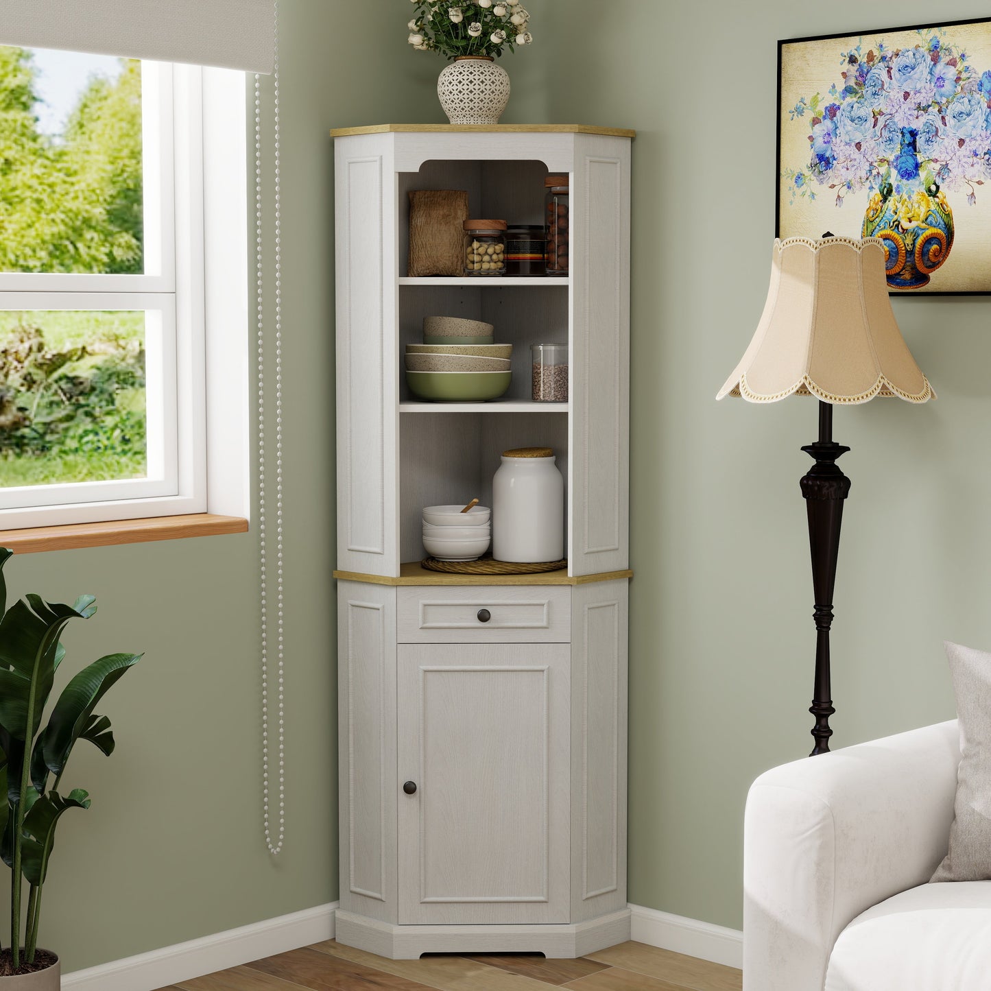 68" Tall Corner Cabinet with Door, Drawer, and Adjustable Shelf