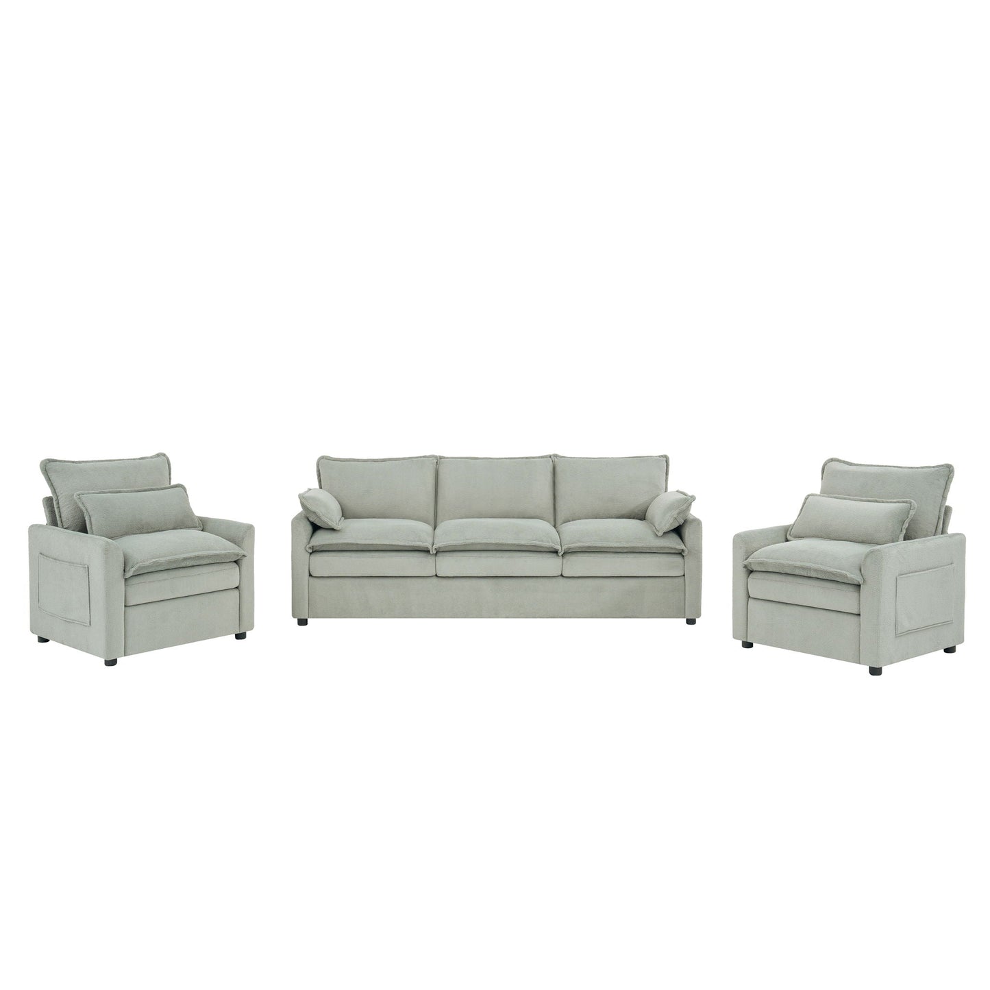 Modern Sofa Set With Double Layer Cushion And Side Storage Pockets