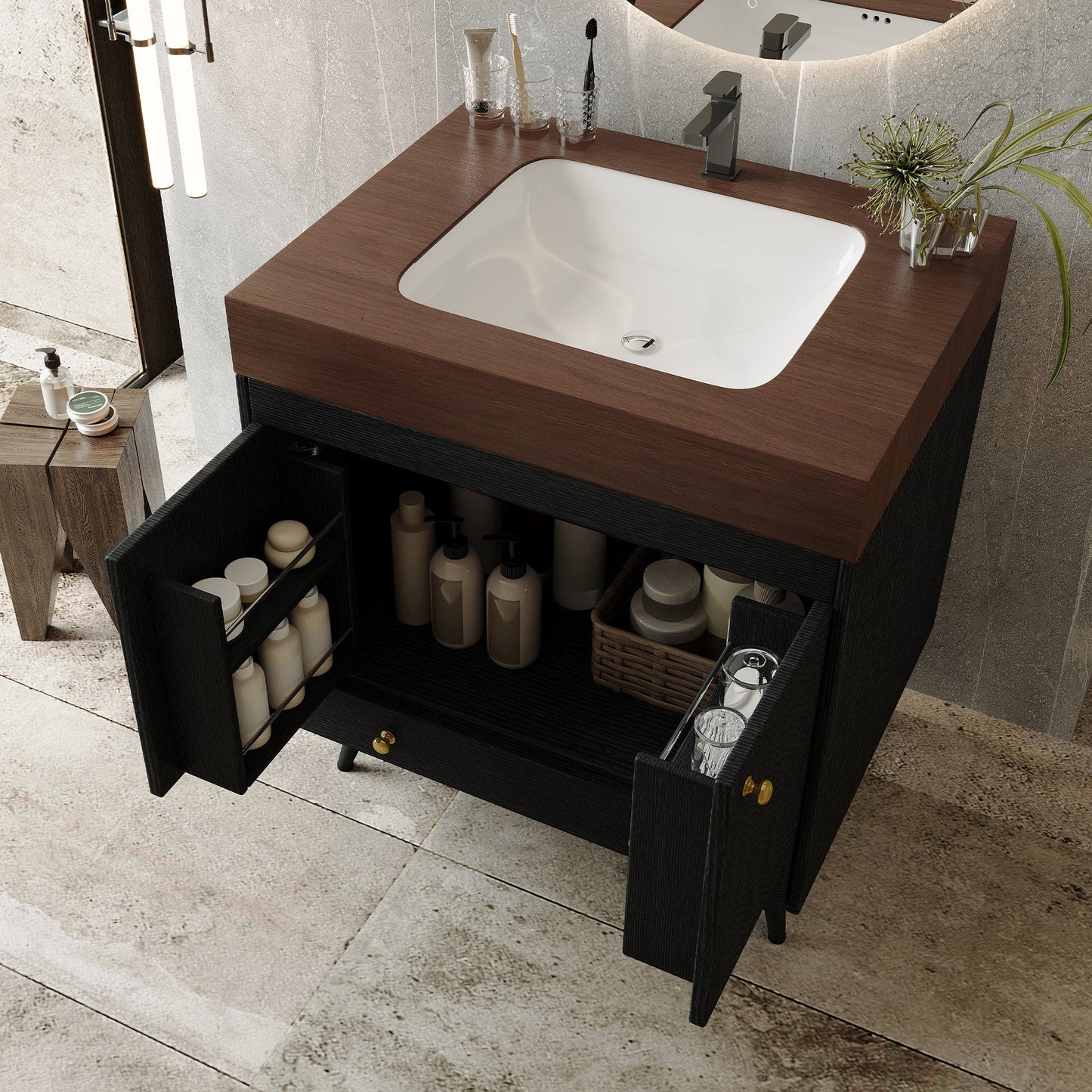 Contemporary Free-standing Bathroom Vanity with Faux Marble Top & Ceramic Sink