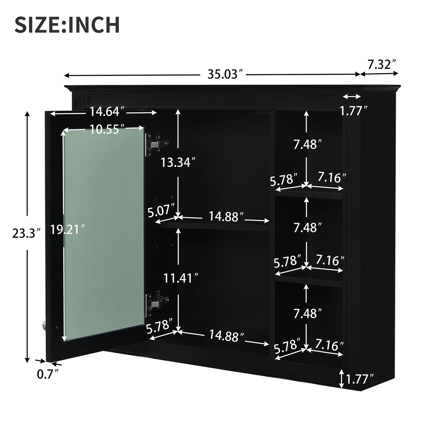 Wall Mounted Medicine Cabinet With Mirror, Storage Cabinet Featuring 6 Open Shelves And Adjustable Interior