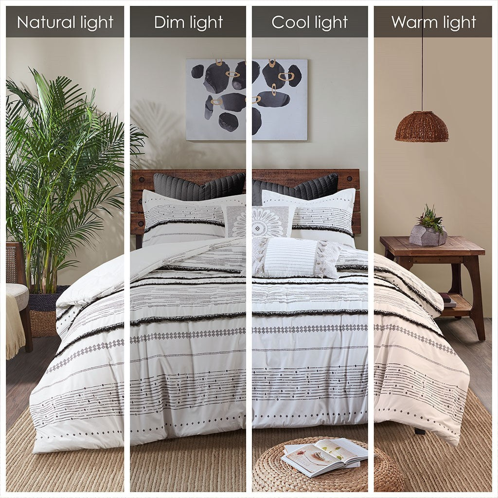 Cotton Printed Comforter Set with Trims Black/White Full/Queen
