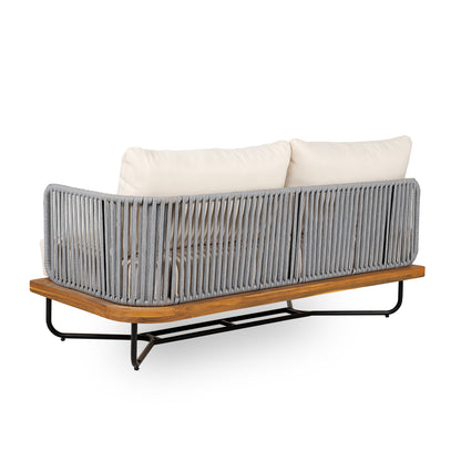 Lucca Outdoor 6 Seaters Acacia Wood and Rope Woven Patio Conversation Set