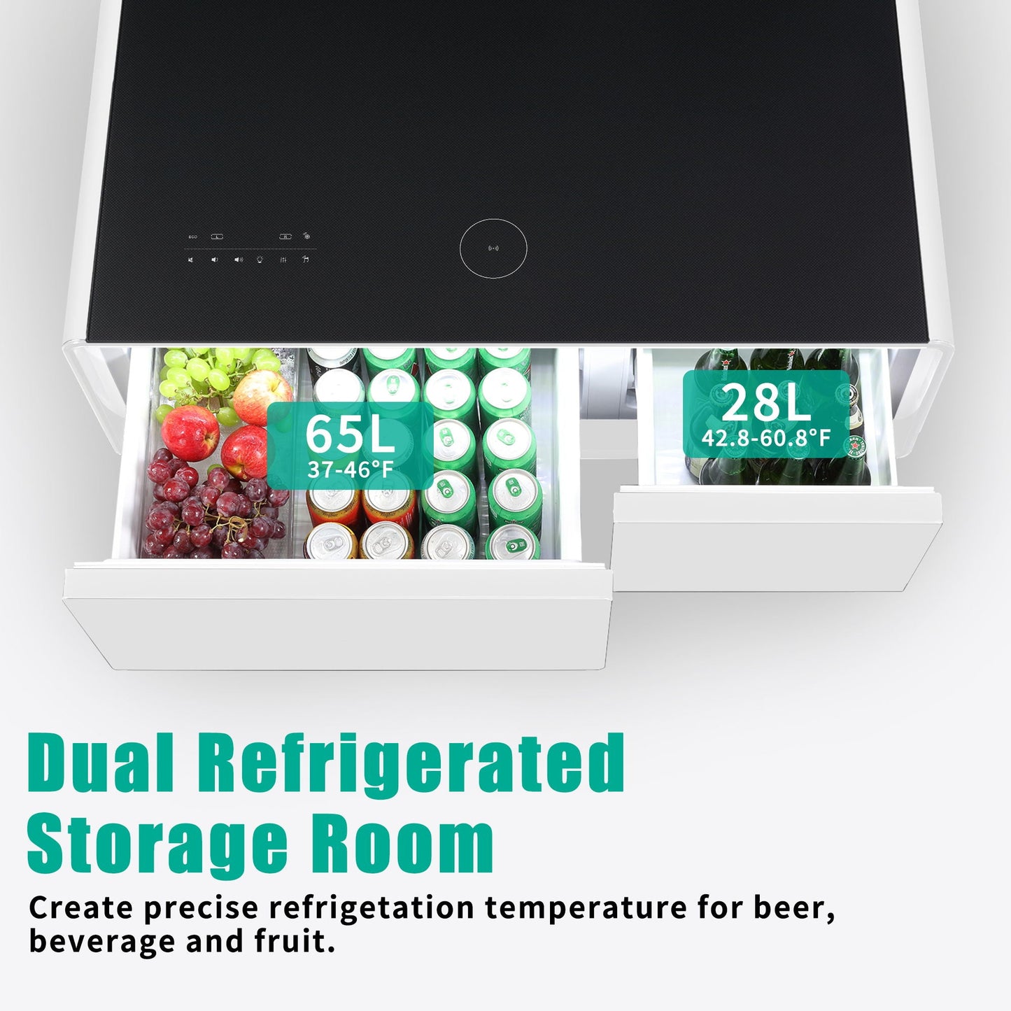 Modern Smart Coffee Table With Built-In Fridge - tooth Speaker, Wireless Charging, Touch Control Panel, USB Interface, Outlet Protection, Atmosphere Light