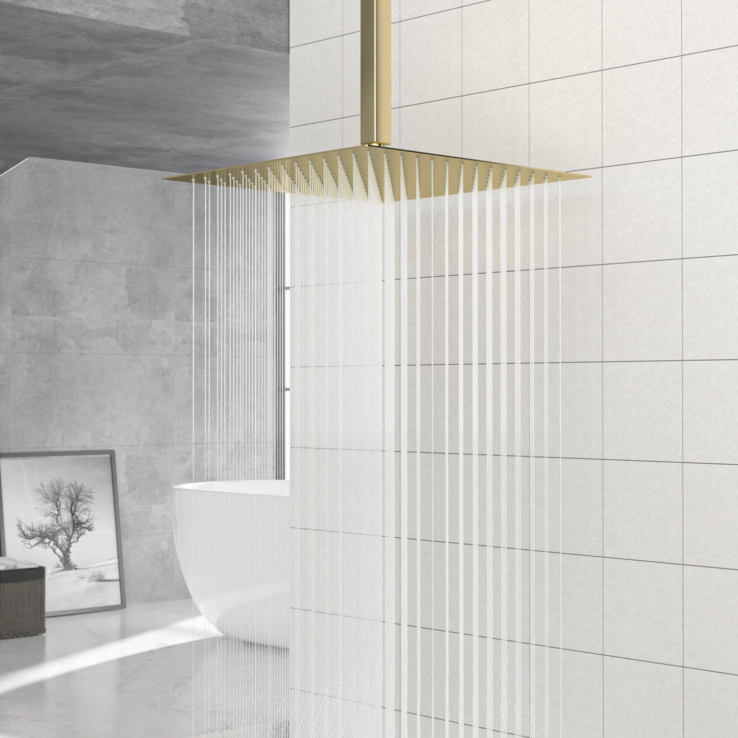 16" Square Rainfall Shower Head Fixed Wall Mount With Full Body Coverage & Self Cleaning Silicone Nozzles