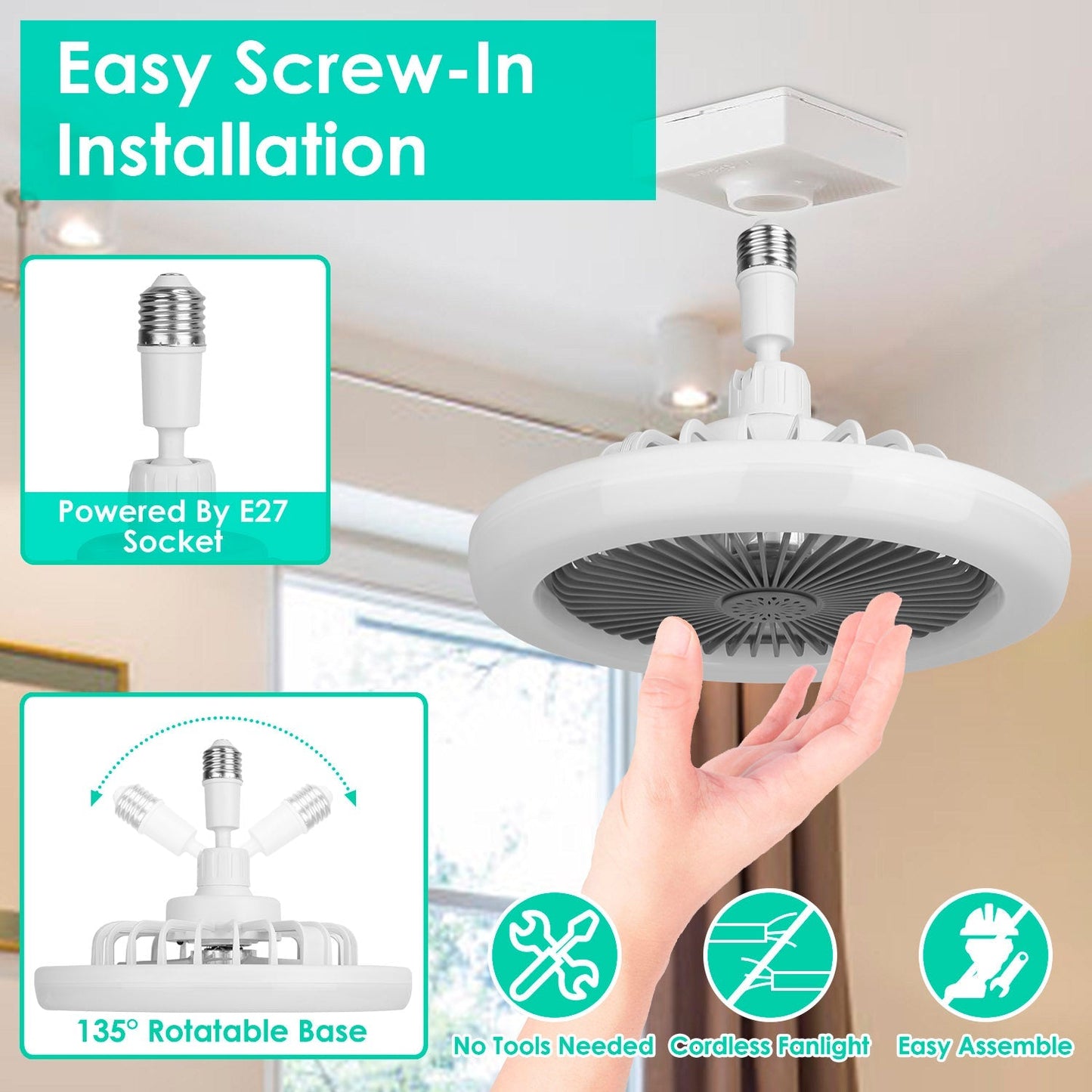 Ceiling Fan With Lights Remote Control 9.44in E27 Socket Fanlight with Dimmable Dimming Light Color Brightness 3 Fan Speed Timer Function