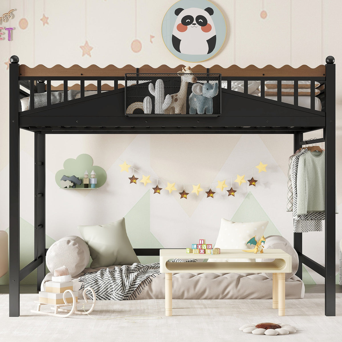 Full Size Loft Bed with Ladders and Storage Shelves