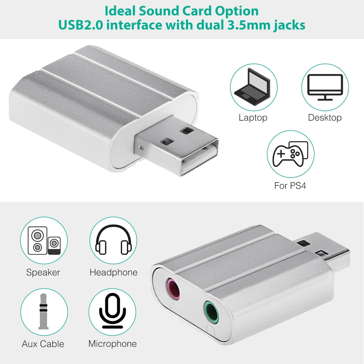 USB Audio Adapter External Stereo Sound Card w/ 3.5mm Headphone Microphone Jack Sound Converter For PC Laptops
