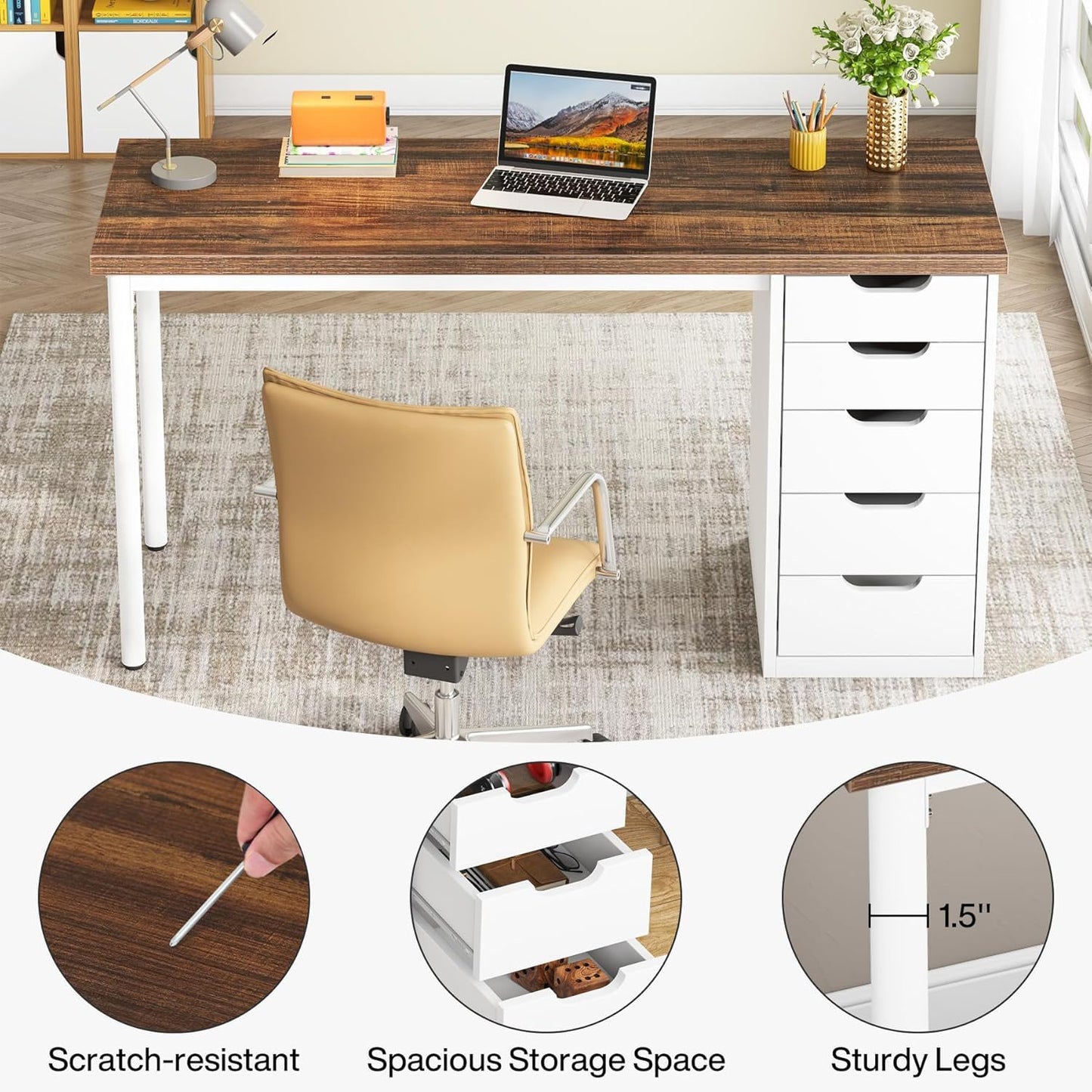 Computer Desk With 5 Drawers, Reversible Cabinet Design