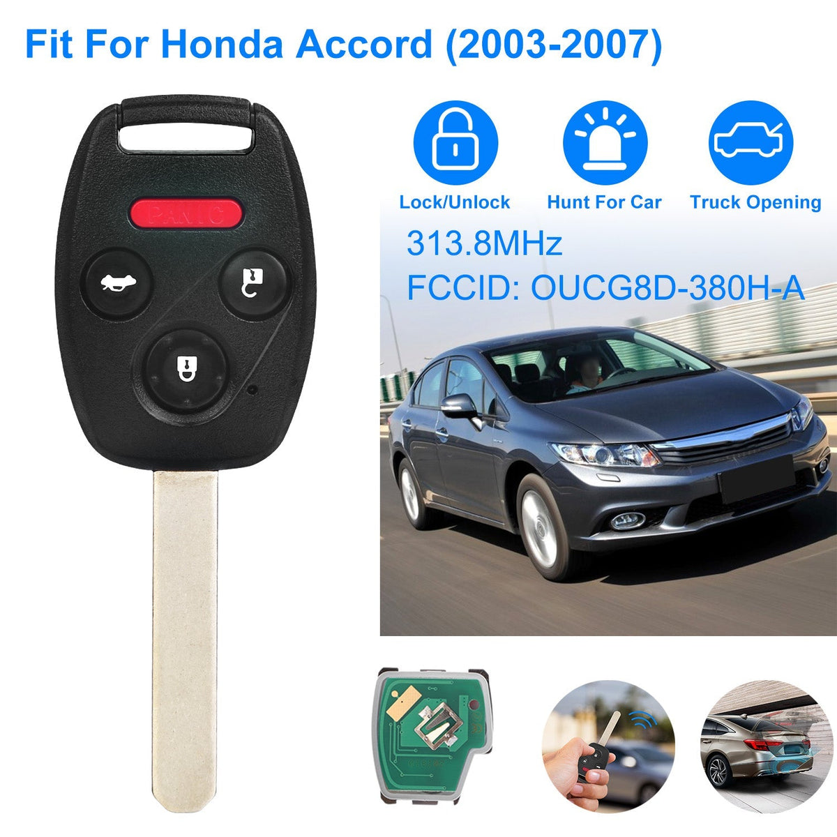 Fit For Honda Accord 2003-2007 Remote Keyless Entry Shell Button Car Key Fob Uncut Key Cover Case OUCG8D-380H-A FCCID 313.8MHz Frequency