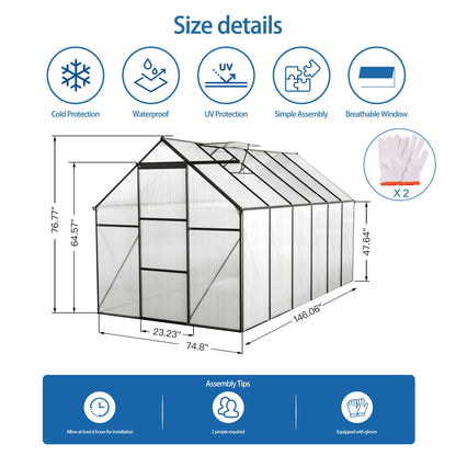 Polycarbonate house Raised Base And Anchor Aluminum Heavy Duty Walk-In houses For Outdoor Backyard In All Season