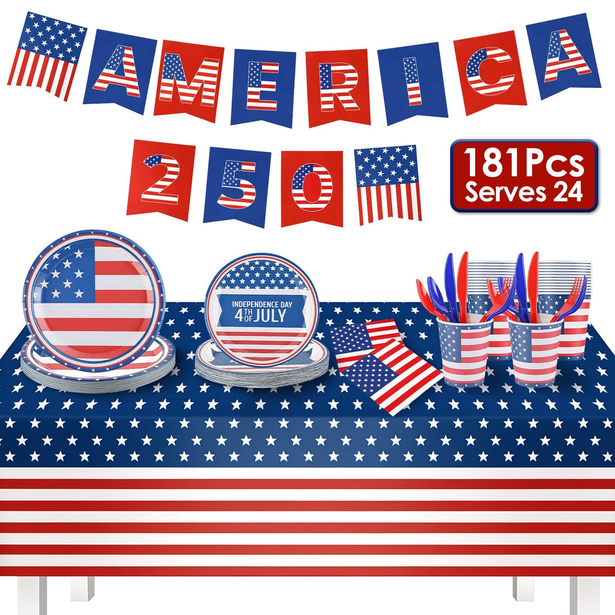 4th of July Party Supplies Set for 24 Guests - 181 Pieces