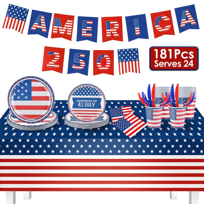 4th of July Party Supplies Set for 24 Guests - 181 Pieces