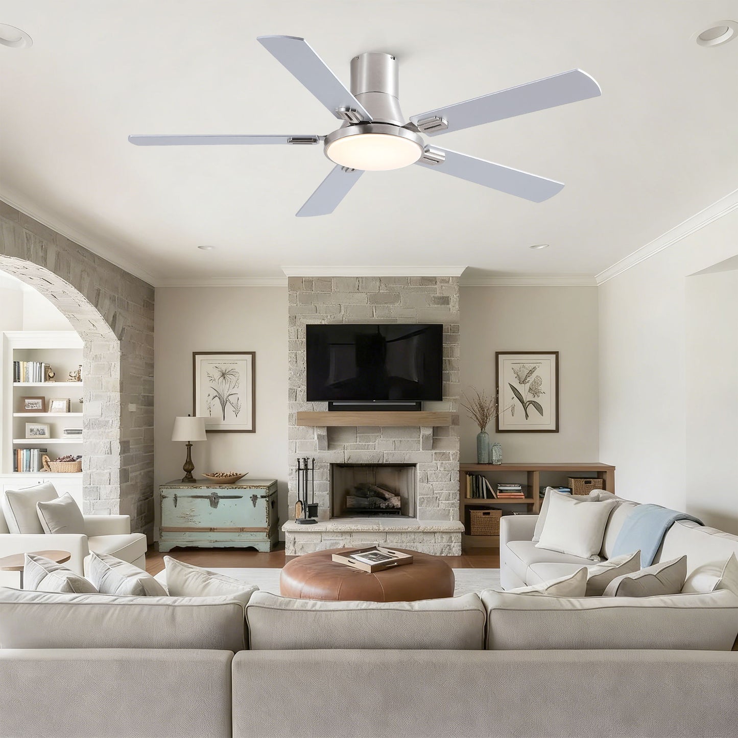 Flush Mount Ceiling Fans With LED Light And Remote Control, 5 Blades