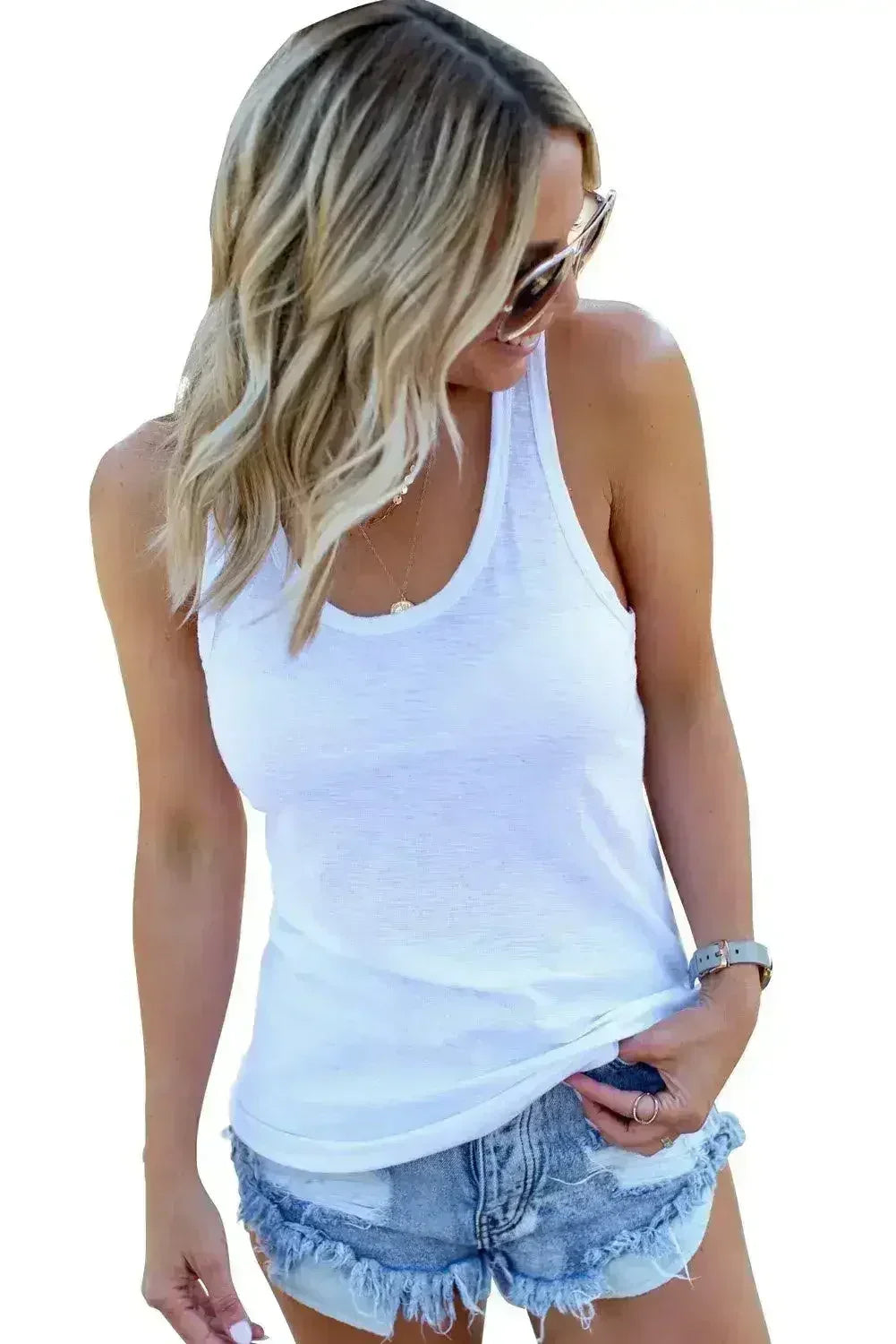 Casual White Scoop Neck Basic Solid Summer Tank Top