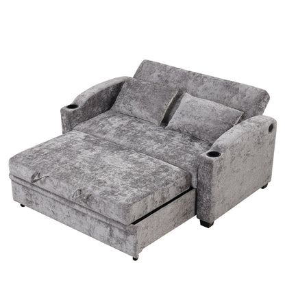 Pull Out Loveseat Sofa With Adjsutable Backrest, 2 Pillows, Cup Holders, USB Ports For Living Room
