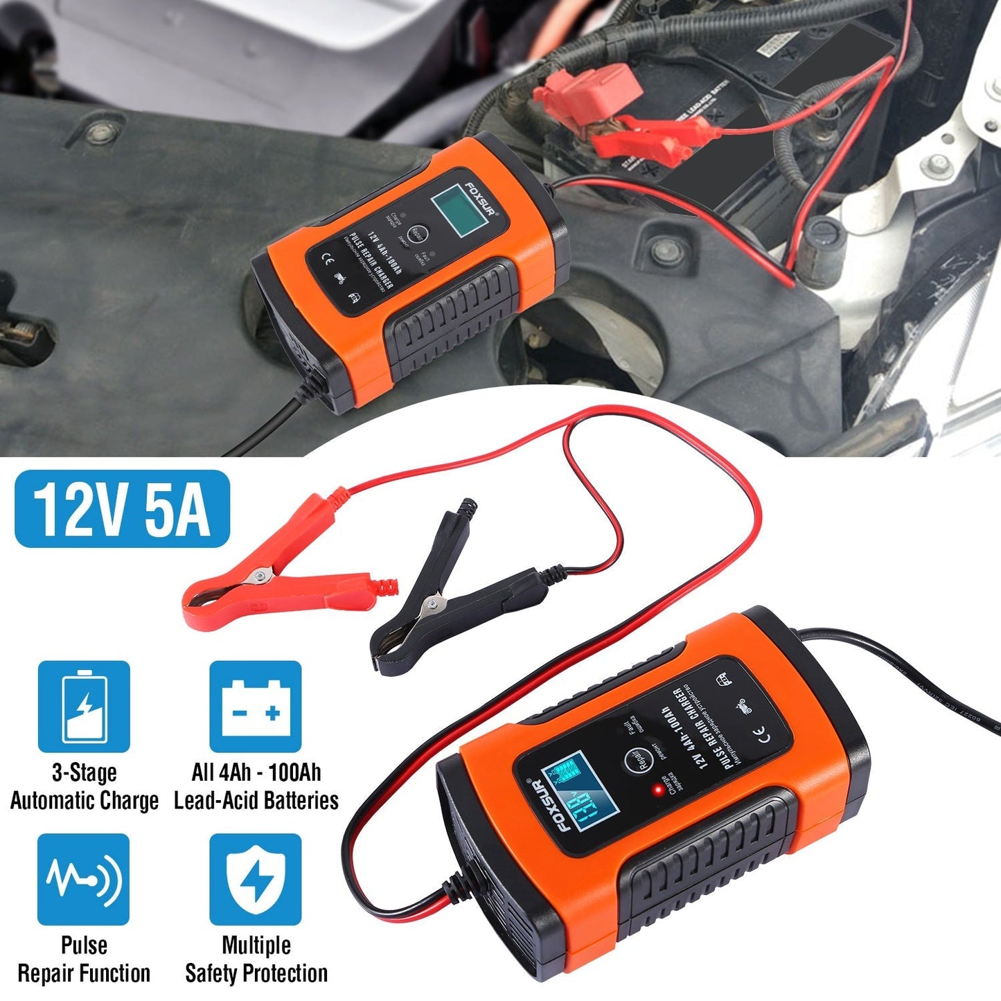 Car Battery Charger 12V 5A LCD Intelligent Auto Motorcycle Boat ATV Recover Pulse Repair