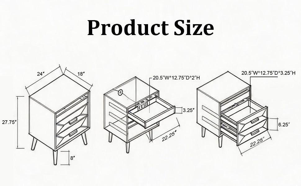 24" Nightstand with Charging Station and Two Drawers