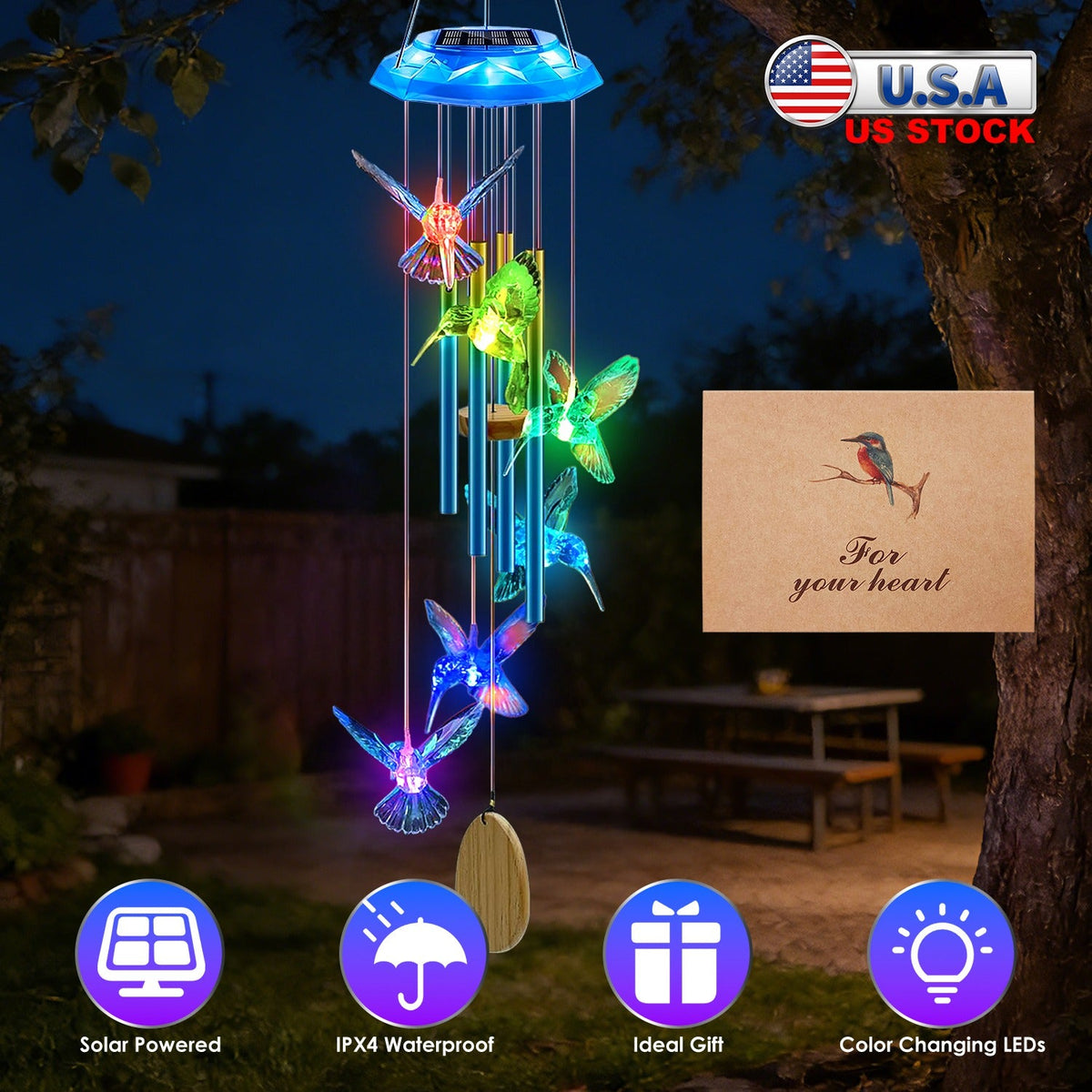 Solar Wind Chime with Color-Changing LED & Aluminum Tubes