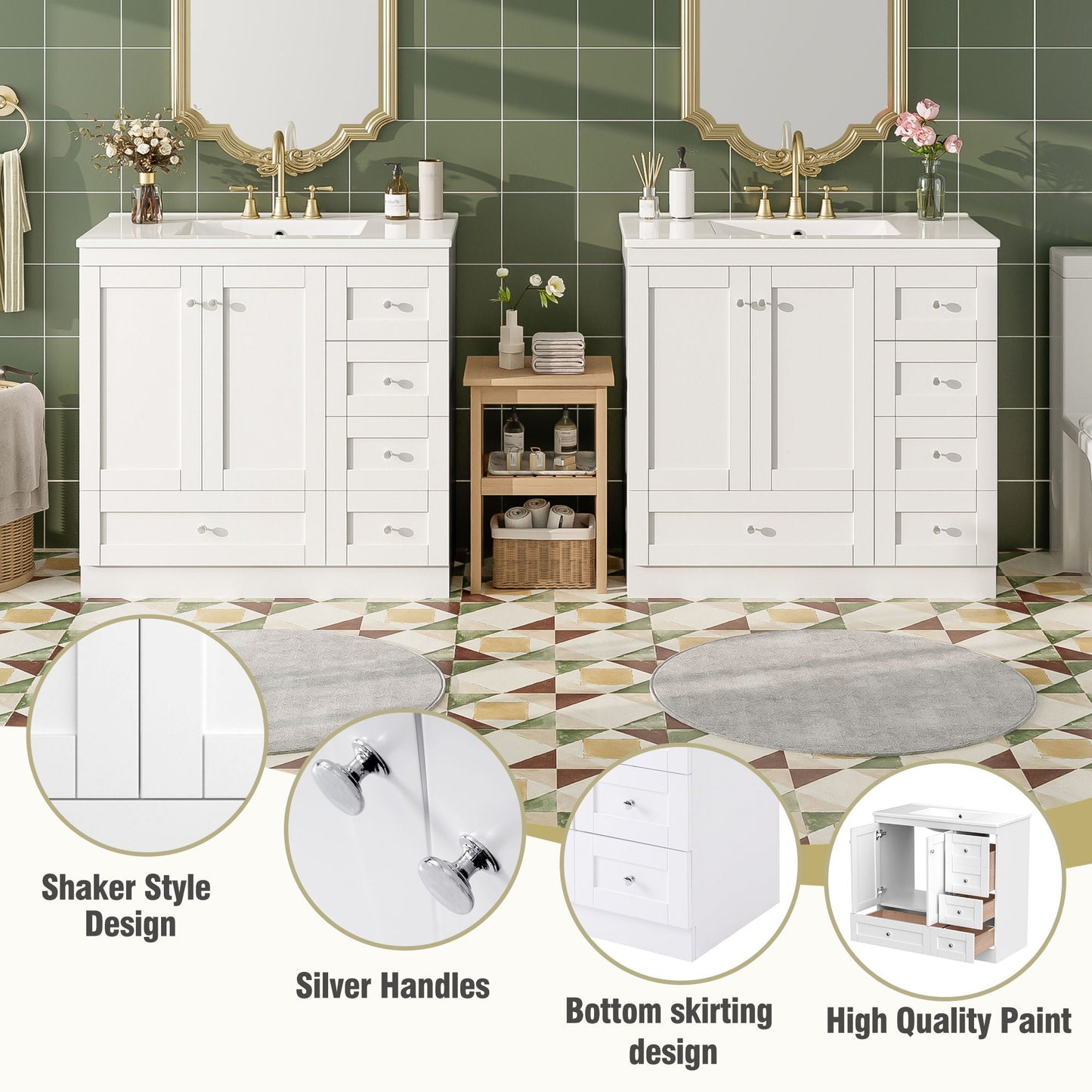 Shaker Free Standing Bathroom Vanity Cabinet & Sink, Soft Close Drawers, Soft Close Doors