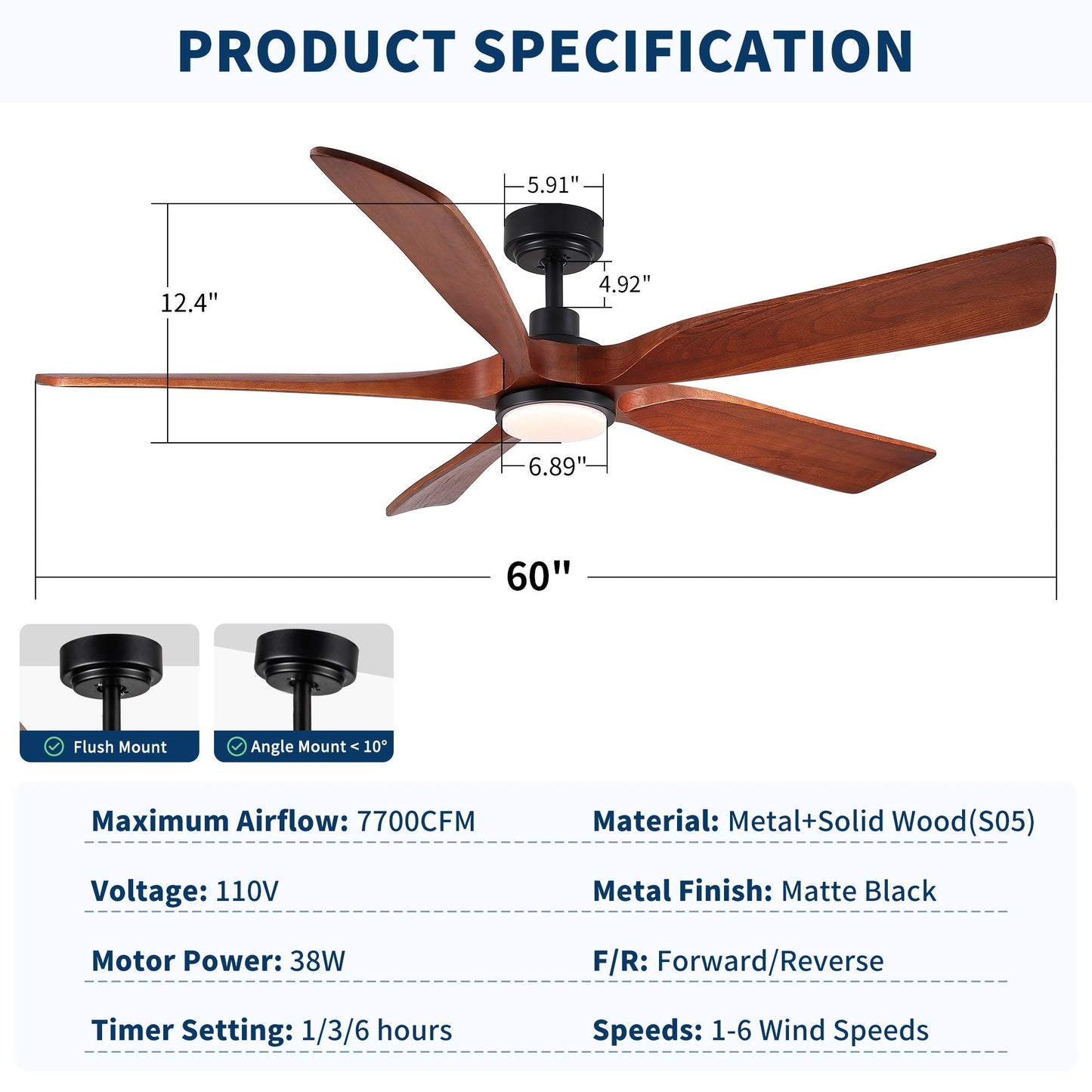 Ceiling Fan With Light And Remote Control, Noiseless, Dimmable, 6 Speeds Reversible For Indoor Or Covered Outdoor Use - Matte Black