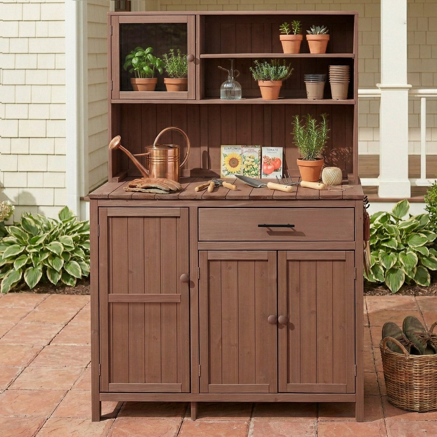 TOPAMX Potting Bench with Hutch, Solid Fir Wood Garden Workstation