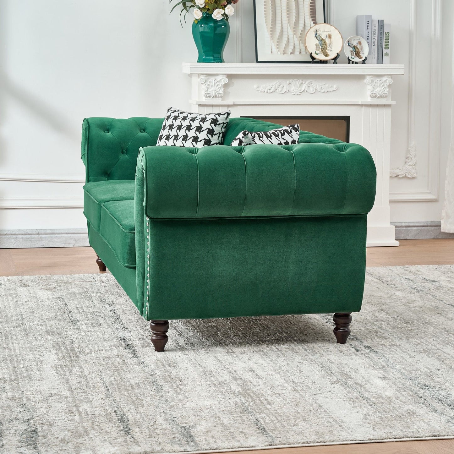 Chesterfield Fabric Sofa With Roll Armrest And Nailhead, Mid Century 2 Seater Couch