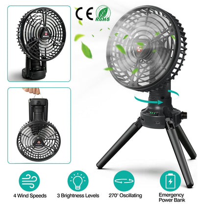 Foldable Camping Fan with Emergency Power Bank 270¡ Oscillating Rechargeable Tripod Fan for Hiking Fishing Personal Desk Fan with 4 Speeds 3 Brightnes