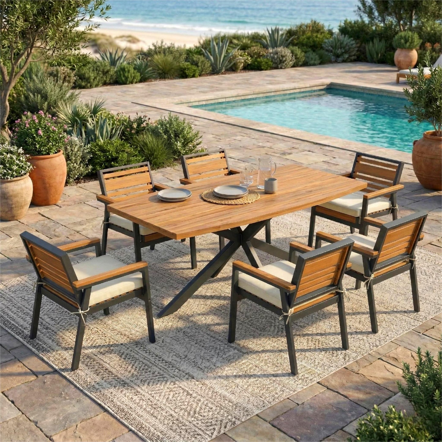 Modern 7-Piece Dining Set with Acacia Wood and Iron Frame