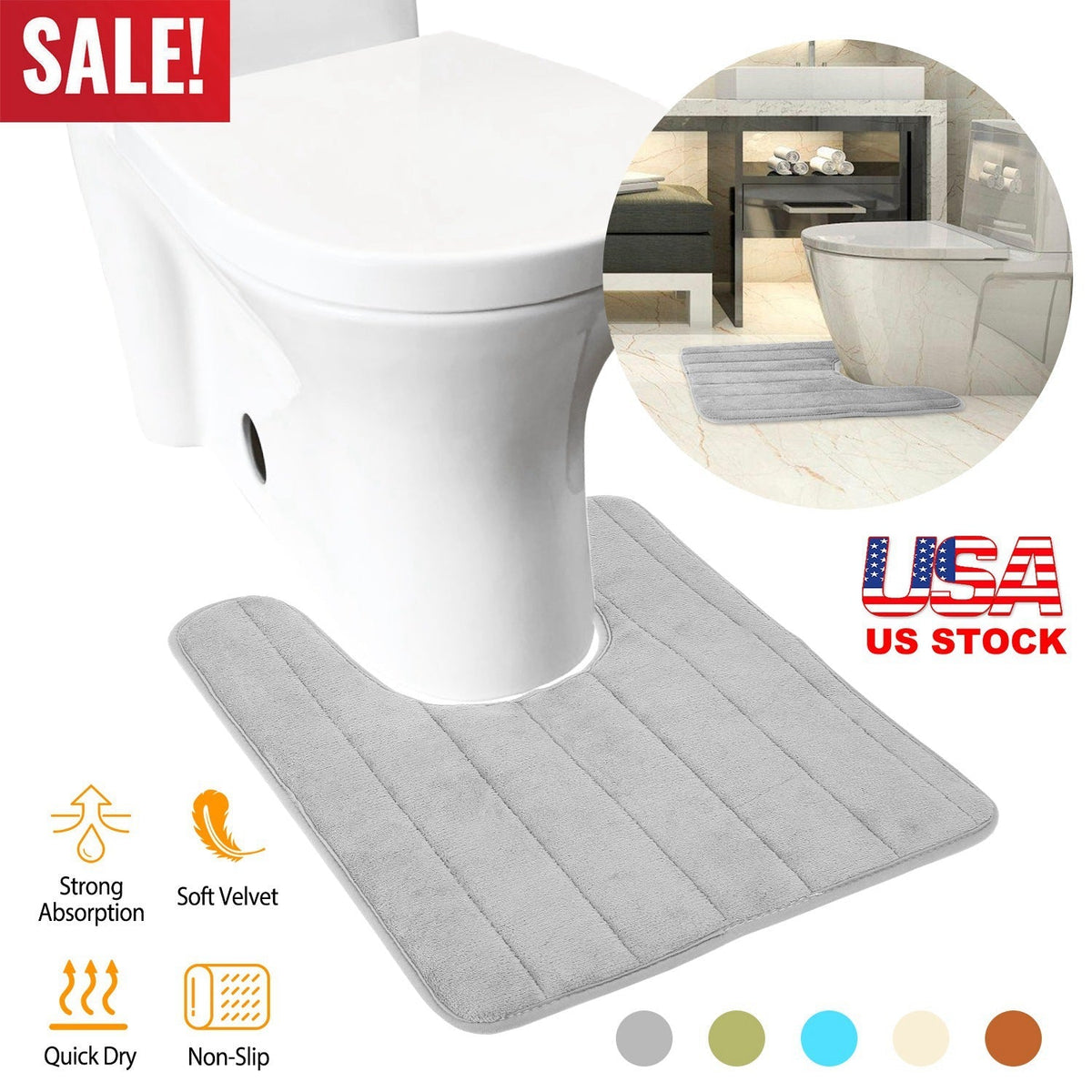 U Shaped Bathroom Rugs Contour Non-slip Toilet Mat Absorbent Cozy Velvet Floor Mat 23.62 x 19.69in