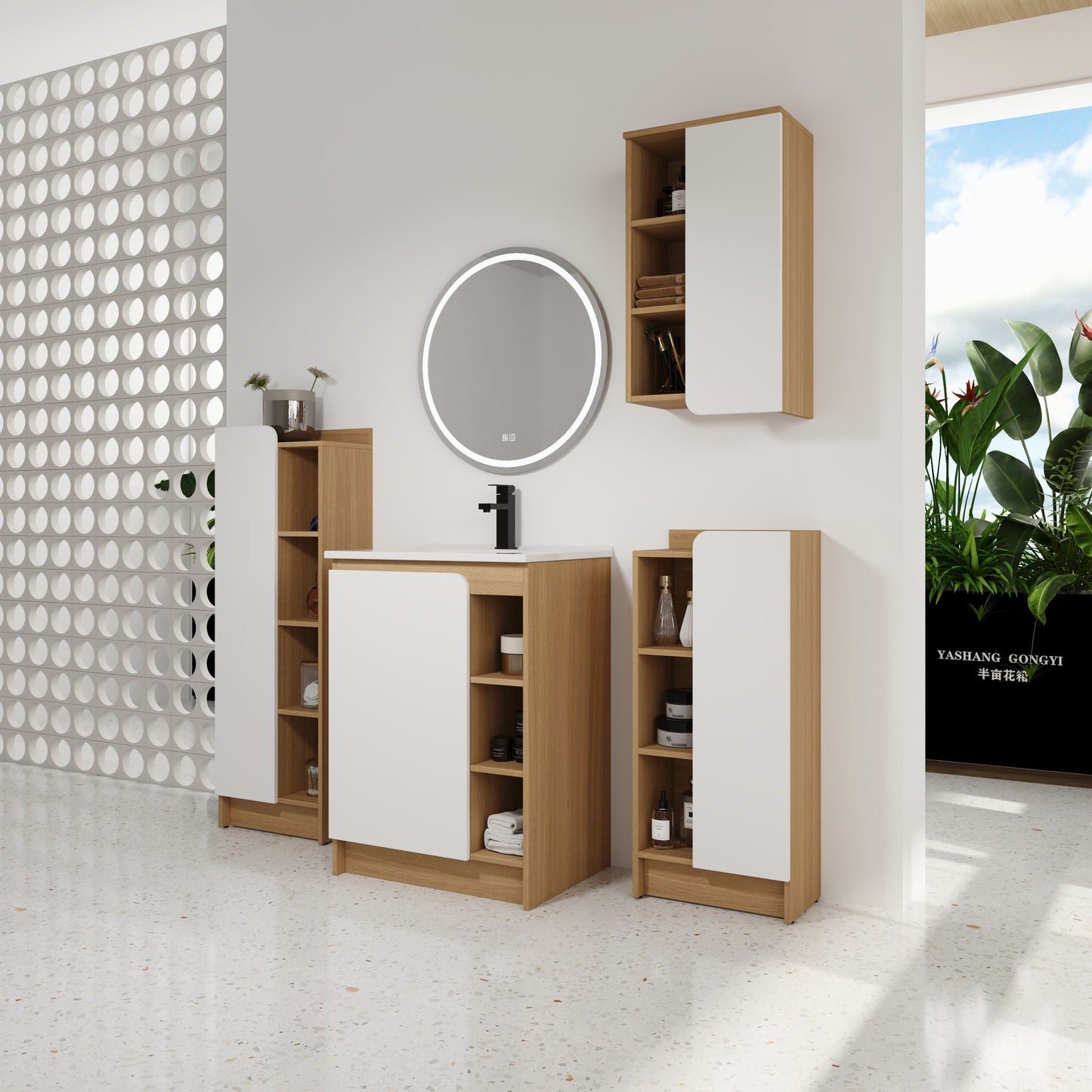 4 Piece Bathroom Vanity Set With Sink, Vanity Combo With Storage Cabinets - Black / Light Oak / White