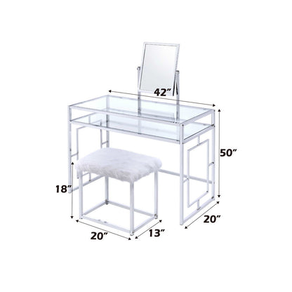 Carenze II - Vanity Set - White Faux Fur & Chrome