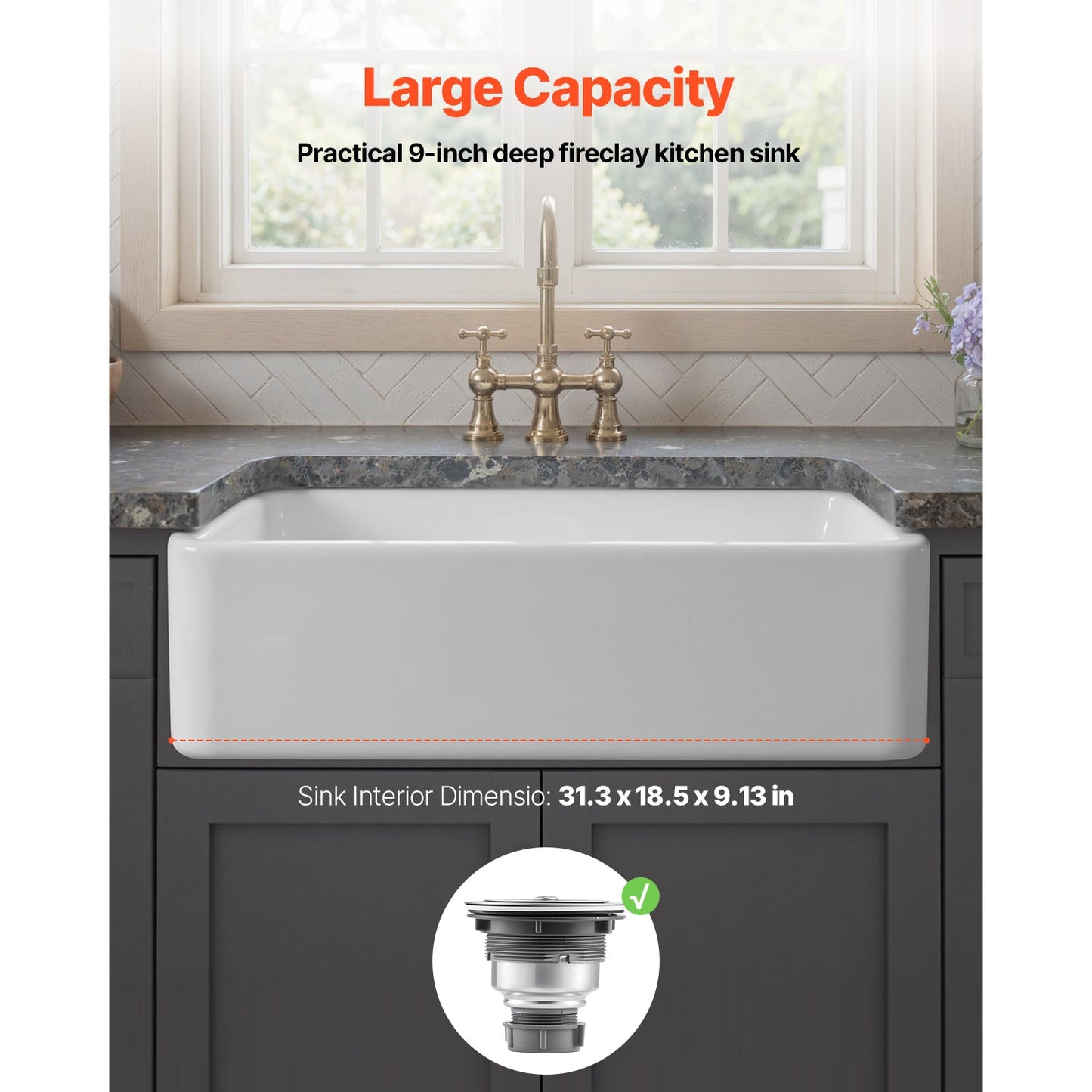 33.5x20 in Farmhouse Sink Undermount Kitchen Single Bowl Basin Fireclay
