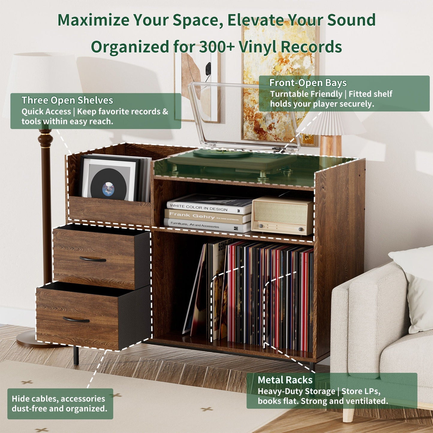 Grain Record Player Stand, Media Console With Speaker Shelf & 2 Drawers