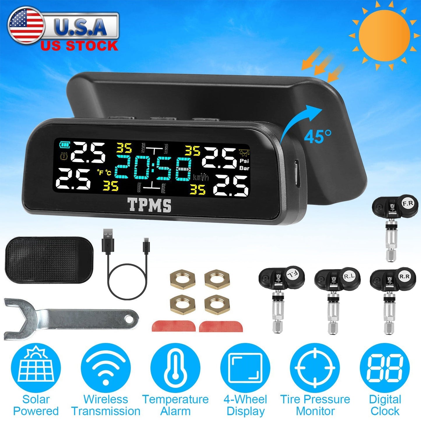 Wireless Solar Car Tire Pressure Monitoring System Auto Tire Pressure Monitor with Built-in Sensors Temperature Alarm for Car SUV Sedan RV