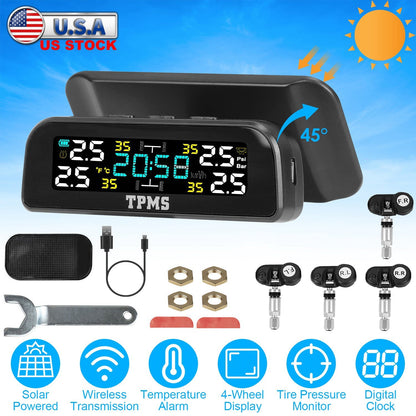 Wireless Solar Car Tire Pressure Monitoring System Auto Tire Pressure Monitor with Built-in Sensors Temperature Alarm for Car SUV Sedan RV
