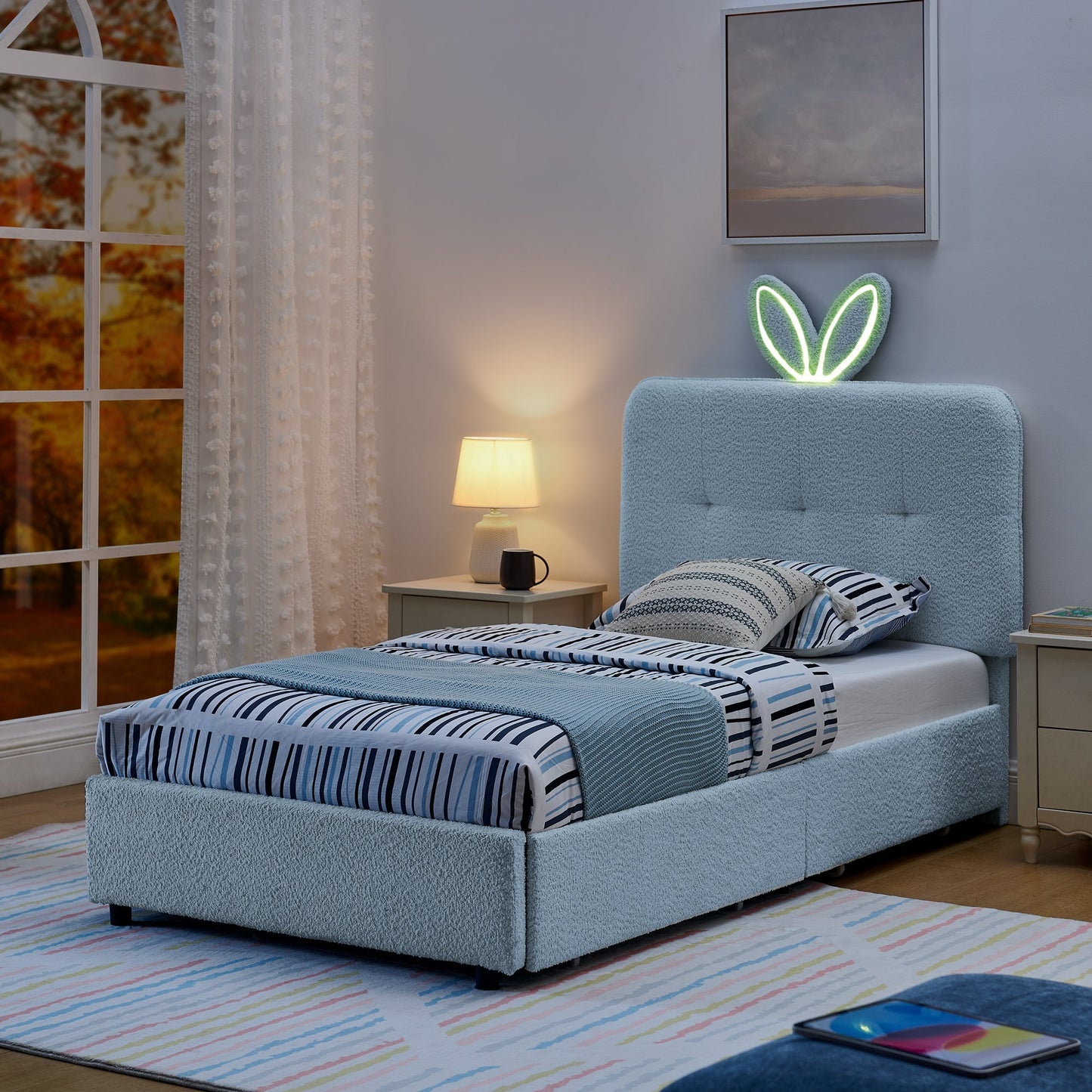 Twin Size Kids Upholstered Bed with Oversized Rabbit Ear Headboard