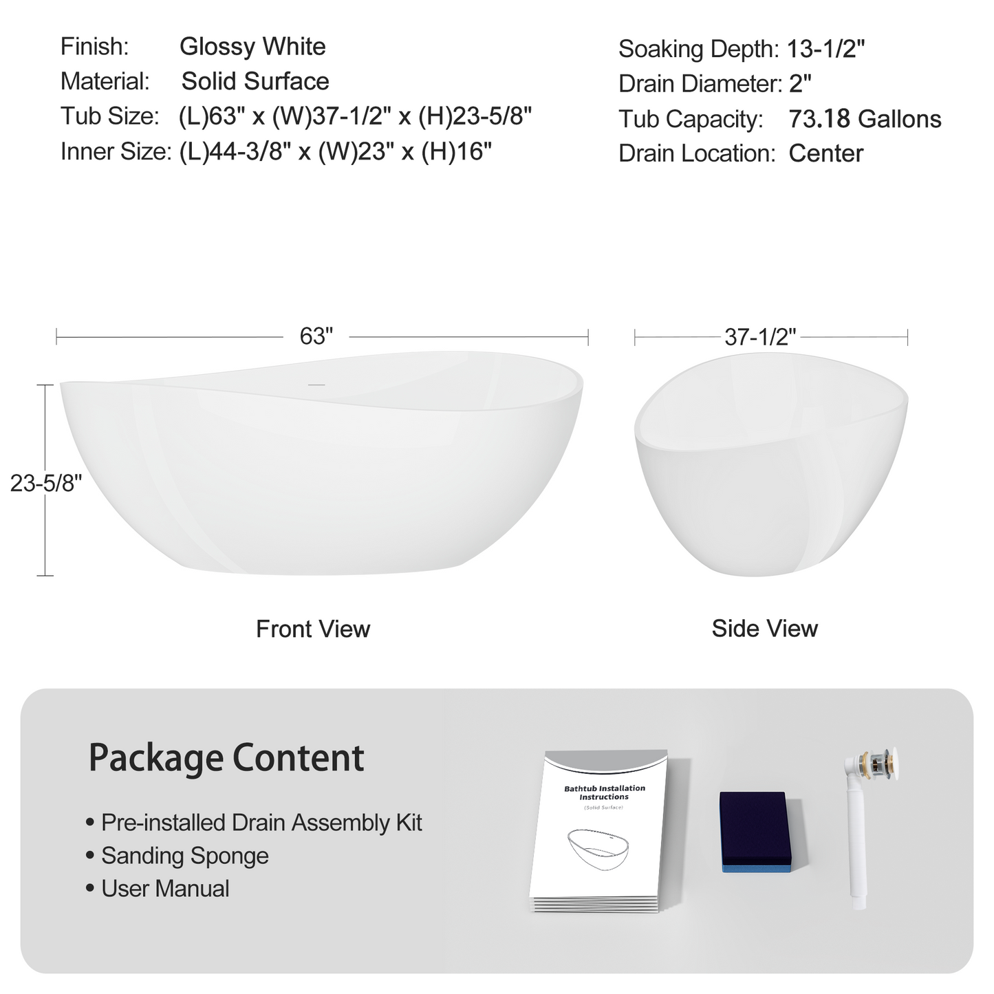63" Freestanding Solid Surface Bathtub