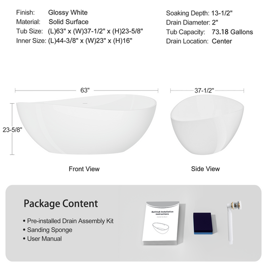 63" Freestanding Solid Surface Bathtub
