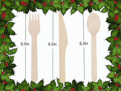Wooden Compostable Utensils Set 300 Pieces 100 Forks 100 Spoons 100 Knives Sturdy Wood Disposable Cutlery Eco Friendly Biodegradable Utensils For Party Free From Plastic Cutlery Set For Eating - Natural Wood
