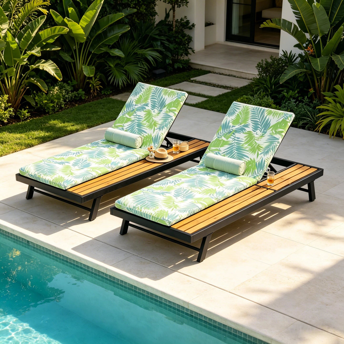 Black Iron + Teak Finish Outdoor Chaise Lounge Set with Leaf Coconut Cushion