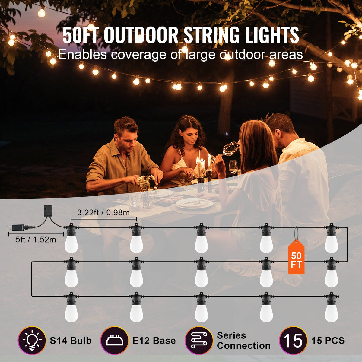 RGB Outdoor String Lights with App Control, 50FT - Multi-Color