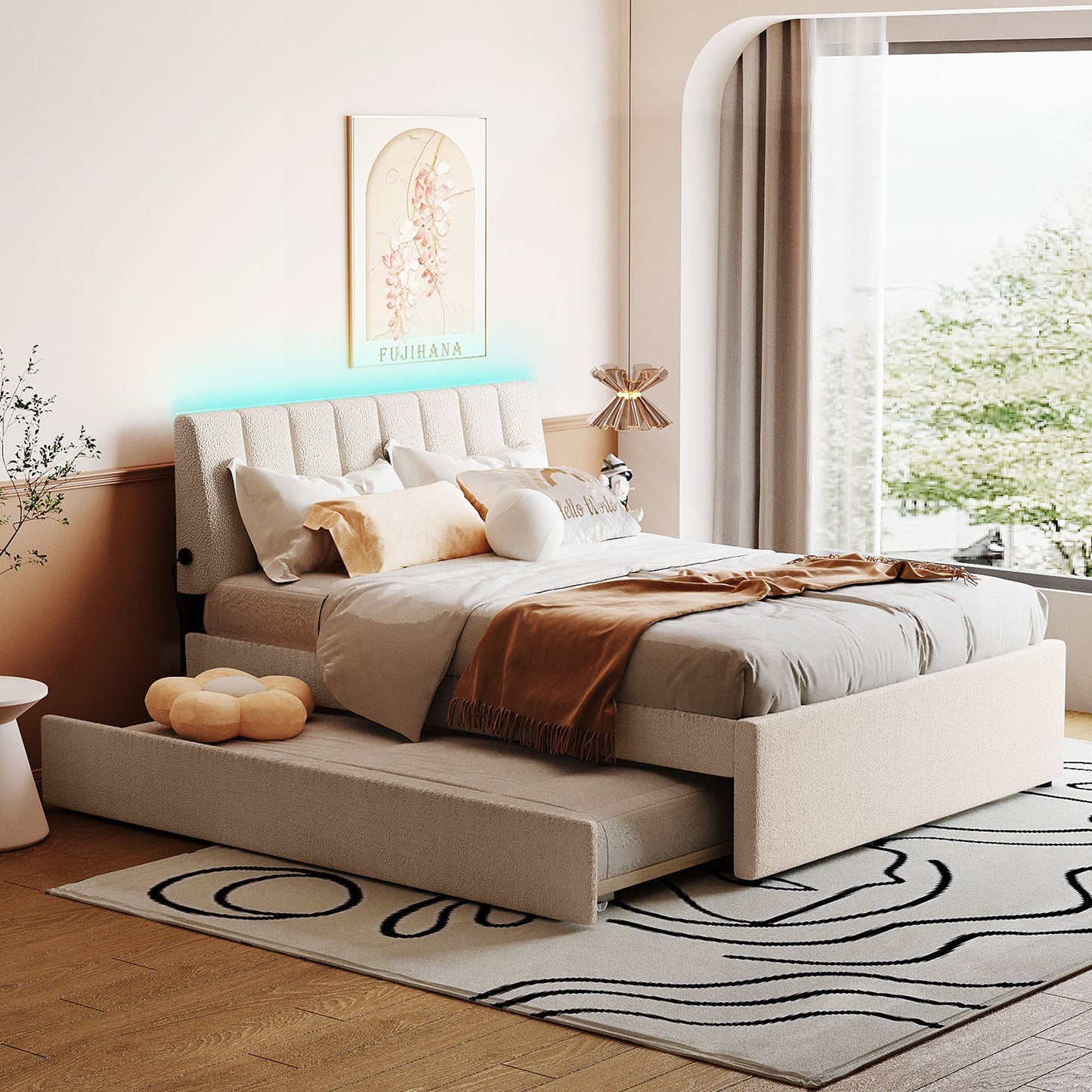 Teddy Fleece Full Size Upholstered Platform Bed with Twin Trundle