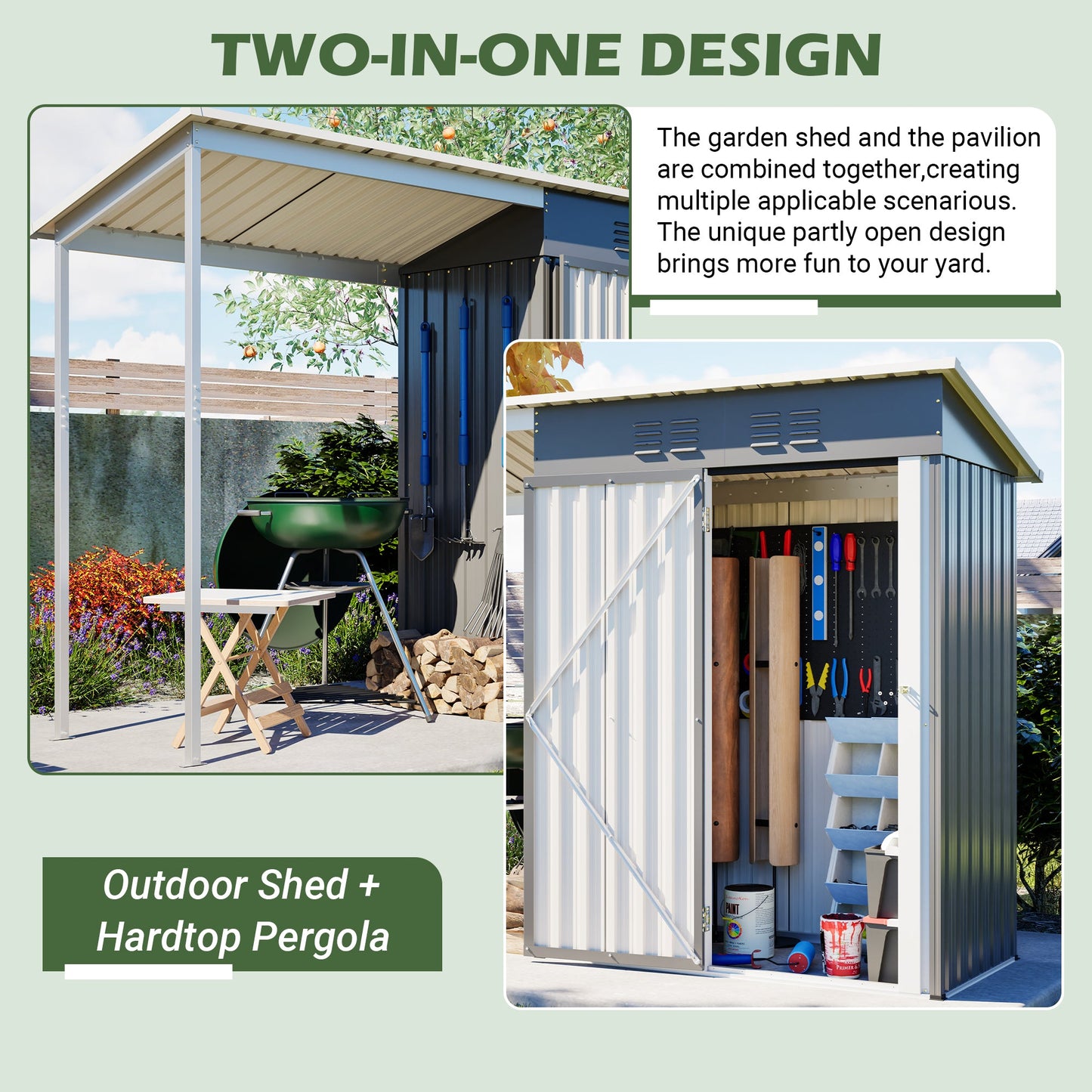 Durable 5x3FT Galvanized Steel Shed & Gazebo Combo