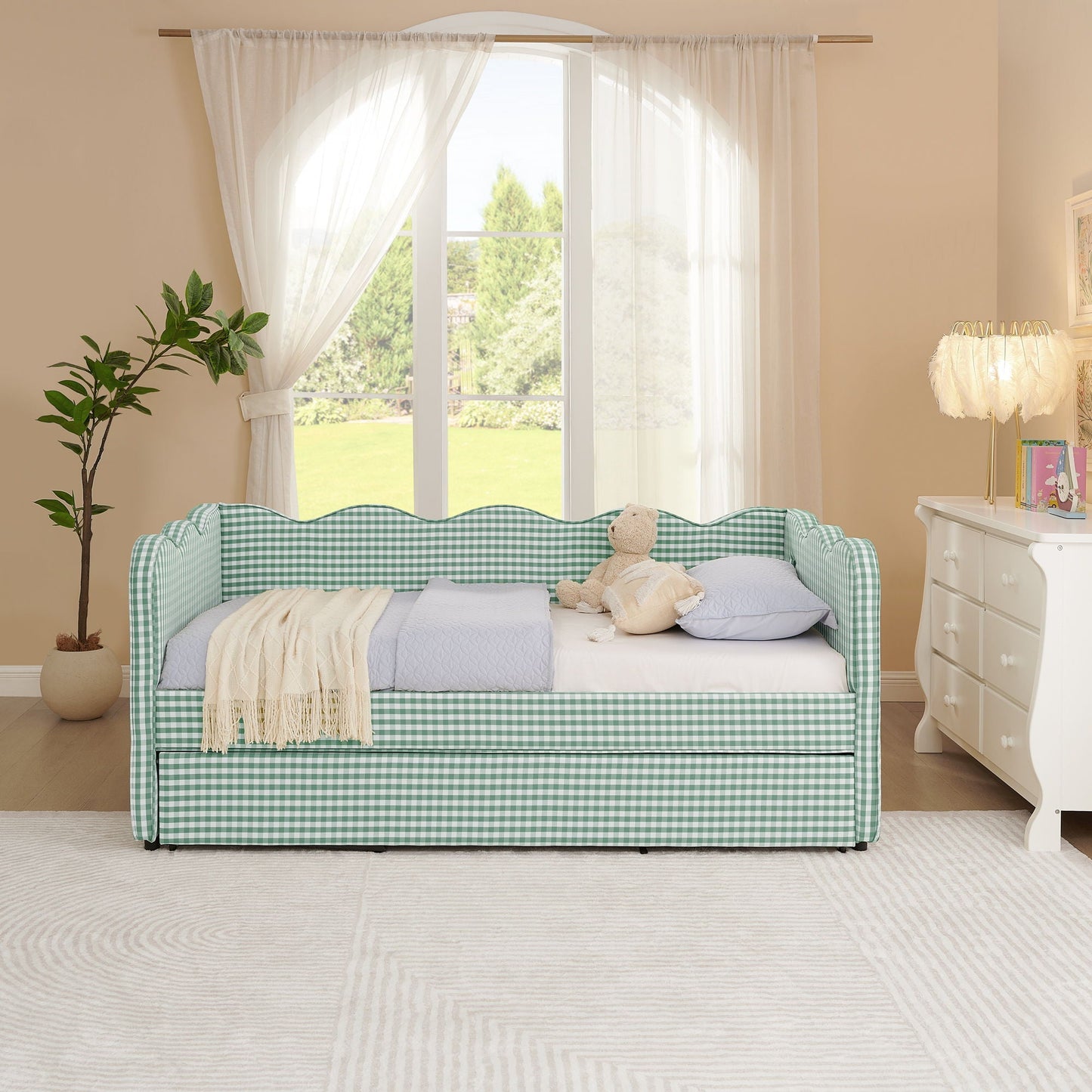 Gingham Daybed With USB Charging Port, Wave Shaped Design