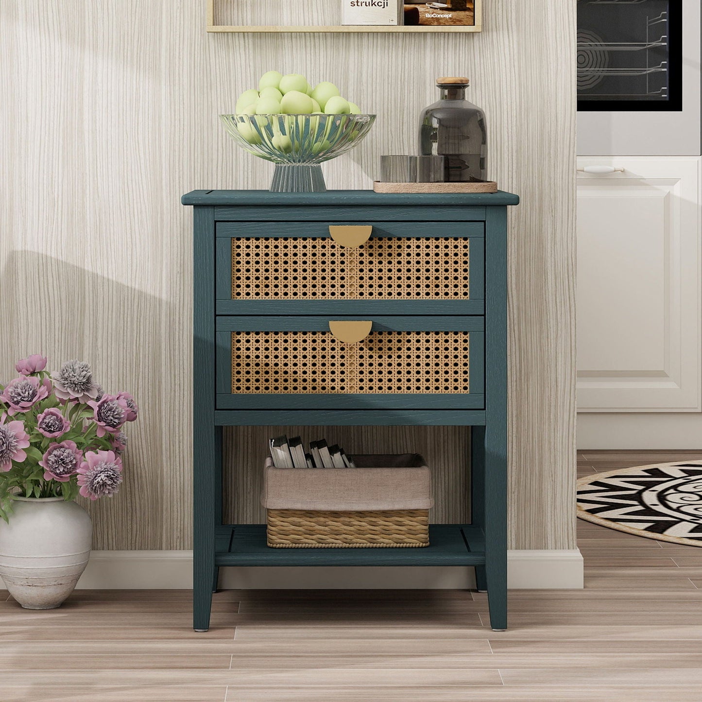 2 Drawer Side Table, Natural Rattan